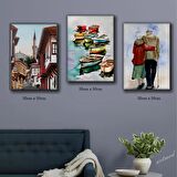 köy evleri cami yaşlı çift sahil kasabası tablosu 3 adet 35cmx50cm kumaş baskılı canvas tablo