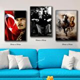 atatürk mustafa kemal bayraklı tablo 3 adet 35cmx50cm kumaş baskılı canvas tablo