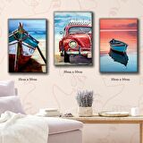 beetle vosvos tekne deniz tablosu 3 adet 35cmx50cm kumaş baskılı canvas tablo