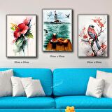 kız kulesi simit çay renkli daldaki kuş tablosu 3 adet 35cmx50cm kumaş baskılı canvas tablo