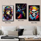 dj kulaklıklı maymun iskelet renkli geyik tablosu 3 adet 35cmx50cm kumaş baskılı canvas tablo