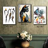 dans eden çizgiler renkli gitar kedi tablosu 3 adet 35cmx50cm kumaş baskılı canvas tablo