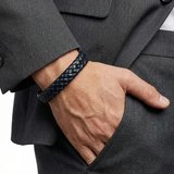 %100 Deri Siyah Saç Örme Mavi̇ İpli̇ Bi̇lekli̇k Mıknatıs Kapama 21 Cm Ebi_8170