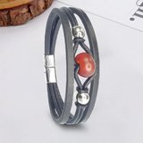 %100 Deri Çoklu Kırmızı Jasper Çelik Taşlı Siyah Bileklik Mıknatıs Kapama 21 Cm Ebi_8279