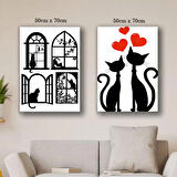 aşk kedi pencere kanvas tuval tablo resim 2 adet 50x70 HD baskı