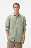 Erkek Classic Fit Çizgili Keten Gömlek - Yeşil | M