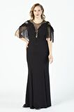 80099 İşlemeli Püsküllü Büyük Beden Uzun Abiye Siyah