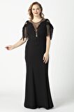80099 İşlemeli Püsküllü Büyük Beden Uzun Abiye Siyah