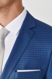 Erkek Mavi Eksta Slim Fit Dar Kesim Mono Yaka Kareli Mavi Takım Elbise
