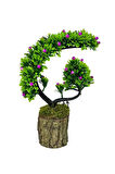 Yapay Çiçek Bonsai Ağacı Kütük Saksıda Lila Tomurcuklu Hilal Model Dekoratif Yapay Ağaç Bonzai 30*20 CM