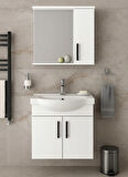 Lacrime 65 cm Beyaz Renkli Mdf, Oval Seramik Lavabolu, Alt ve Üst Dolaplı, Üst Dolap Aynalı, Banyo Dolabı Takımı