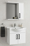 Lacrime 65 cm Beyaz Renkli Mdf, Oval Seramik Lavabolu, Alt ve Üst Dolaplı, Üst Dolap Aynalı, Banyo Dolabı Takımı
