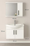 Lacrime 65 cm Beyaz Renkli Mdf, Oval Seramik Lavabolu, Alt ve Üst Dolaplı, Üst Dolap Aynalı, Banyo Dolabı Takımı