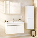 Arista 80 cm Beyaz Renkli Mdf, Seramik Lavabolu, Alt - Üst ve Boy Dolaplı, Banyo Dolabı Seti