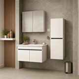 Arista 80 cm Beyaz Renkli Mdf, Seramik Lavabolu, Alt - Üst ve Boy Dolaplı, Banyo Dolabı Seti