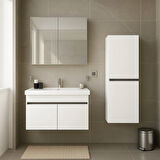 Arista 80 cm Beyaz Renkli Mdf, Seramik Lavabolu, Alt - Üst ve Boy Dolaplı, Banyo Dolabı Seti