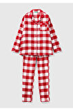 Kadın Kırmızı Mix Ekose Desenli Düğmeli Pijama Takımı