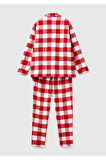 Kadın Kırmızı Mix Ekose Desenli Düğmeli Pijama Takımı