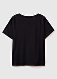 Benetton V Yaka Düz Siyah Kadın T-Shirt 3BVXD400H