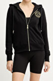 Kadın Regular Fit Altın Rengi Nakışlı V Amblemli Kapüşonlu Fermuarlı Sweatshirt - Siyah/Gold | S