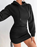 3 iplik şardonlu kompact kapşonlu elbise siyah