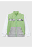 Erkek Çocuk Fıstık Yeşili Benetton Logo İşlemeli Fermuarlı Sweatshirt