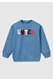 Erkek Çocuk Havacı Mavi Benetton Logo Baskılı Bisiklet Yaka Sweatshirt