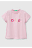 Kız Çocuk Pembe Simli Benetton Logo Baskılı T-Shirt