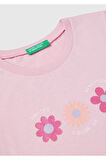 Kız Çocuk Pembe Simli Benetton Logo Baskılı T-Shirt
