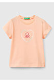 Kız Çocuk Yavruağzı Simli Benetton Logo Baskılı T-Shirt