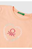 Kız Çocuk Yavruağzı Simli Benetton Logo Baskılı T-Shirt