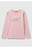 Kız Çocuk Pembe Simli Benetton Logo Baskılı T-Shirt