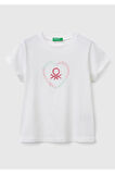 Kız Çocuk Beyaz Simli Benetton Logo Baskılı T-Shirt