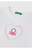 Kız Çocuk Beyaz Simli Benetton Logo Baskılı T-Shirt