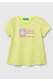 Kız Çocuk Sarı Simli Benetton Logo Baskılı T-Shirt