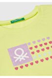 Kız Çocuk Sarı Simli Benetton Logo Baskılı T-Shirt