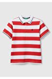 Erkek Çocuk Kırmızı Mix Çizgili Logo İşlemeli Polo T-Shirt