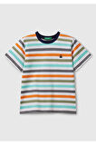 Erkek Çocuk Turkuaz Mix Çizgili Önü Logo İşlemeli T-Shirt