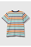 Erkek Çocuk Turkuaz Mix Çizgili Önü Logo İşlemeli T-Shirt