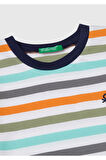 Erkek Çocuk Turkuaz Mix Çizgili Önü Logo İşlemeli T-Shirt