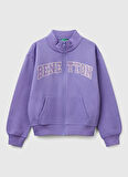 Kız Çocuk Mor Simli Benetton Logo İşlemeli Fermuarlı Sweatshirt