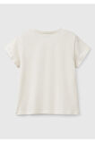 Kız Çocuk Krem Simli Benetton Logo Baskılı T-Shirt