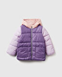 Kız Bebek Mor Logo İşlemeli Kapüşonlu Mont