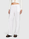 %100 Keten Beli Lastikli Önü Pileli Geniş Paça Pantolon Kadın Beyaz Pantolon - 325P4AGHLF03U