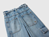 Benetton Kız Çocuk Koyu Mavi Beli Bağlamalı Kargo Stili Wide Fit Denim Pantolon