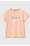 Kız Çocuk Yavruağzı Simli Logo Baskılı T-Shirt