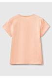 Kız Çocuk Yavruağzı Simli Logo Baskılı T-Shirt