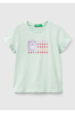 Kız Çocuk Su Yeşili Simli Benetton Logo Baskılı T-Shirt