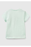 Kız Çocuk Su Yeşili Simli Benetton Logo Baskılı T-Shirt