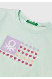 Kız Çocuk Su Yeşili Simli Benetton Logo Baskılı T-Shirt